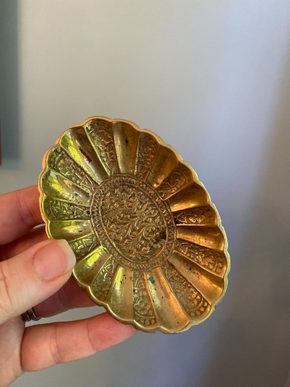 Vintage Small Mini Brass Trinket Dish Etched Flowers and Scalloped Edge